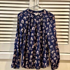 Boden Chit Chat Navy Face Print Long Sleeve Blouse in US 4 UK 8